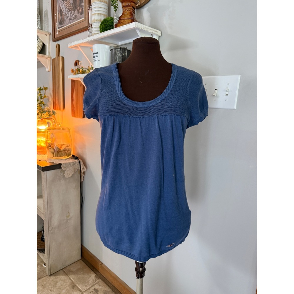 Y2K Hollister Knit Top womens Medium Blue Preppy Cotton Scoop Neck babydoll